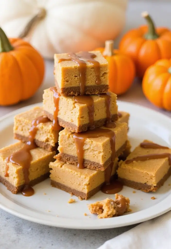 25 Low Calorie Pumpkin Pie Recipes That Still Taste Great - 20. Pumpkin Caramel Cheesecake Bars